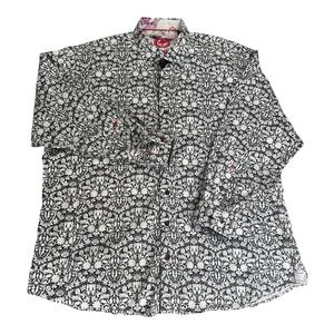 Au Noir Size 7 Men 3XL Dress Shirt Black White Damask Floral Long Sleeve Premium